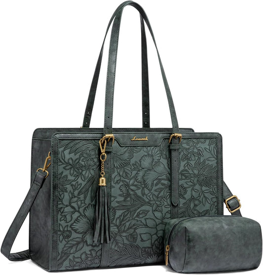 LOVEVOOK Laptop Bag for Women Vintage Leather Laptop Tote 17.3 inch Large Capacity Computer bag with Clutch Purse for Work
