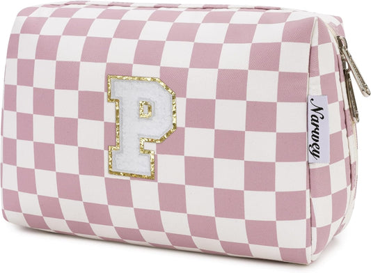 Narwey Birthday Gifts for Teen Girls Kids Women Personalized Initial Checkered Makeup Bag Pink Monogram Cosmetic Bag Trendy Stuff 6 8 10 11 12 13 14 16 18 Years Old Travel Toiletry Bag (Dusty Rose P)