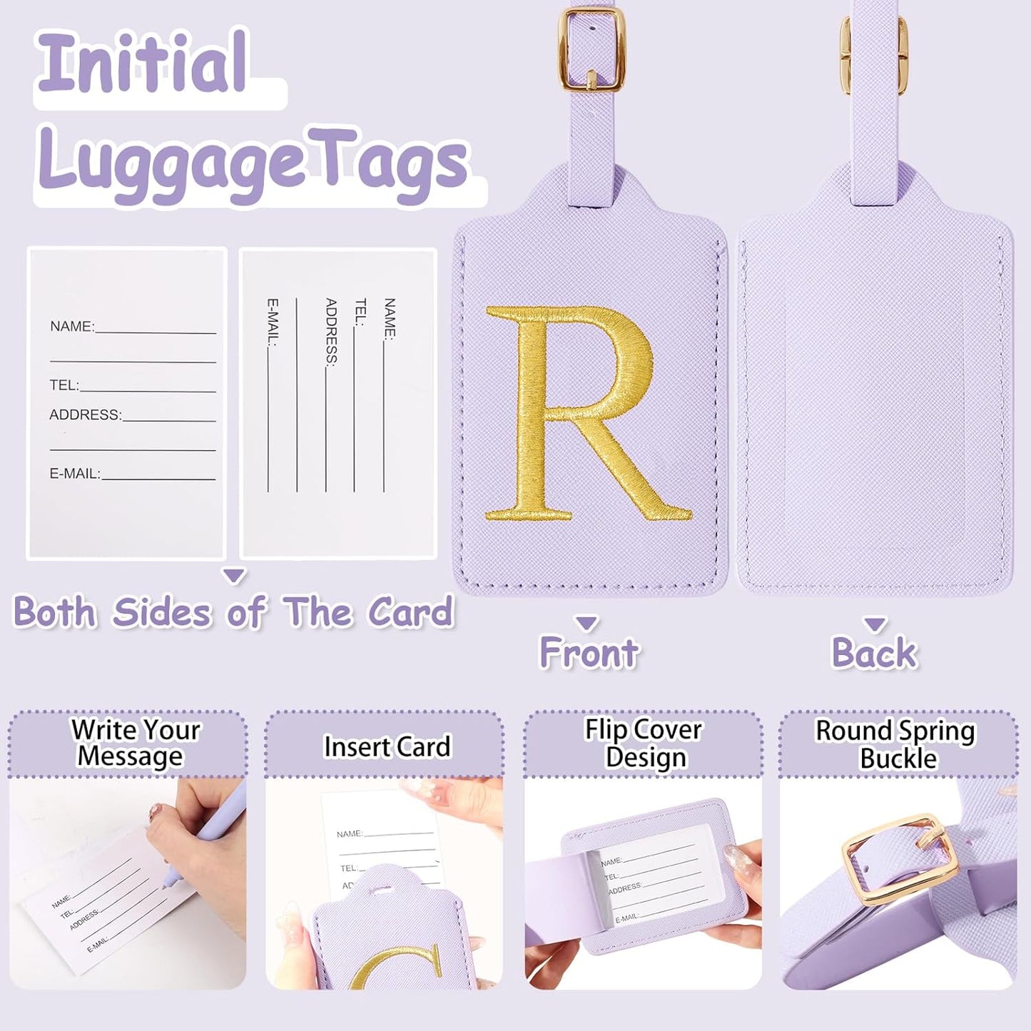 Personalized Initial Luggage Tags for Suitcases, Cute PU Leather Embroidered Letter Travel Luggage Tags, Suitcase Identifier Name Baggage Tag, Bag Tags for Men Women Kids Luggage Handbags(Purple R)