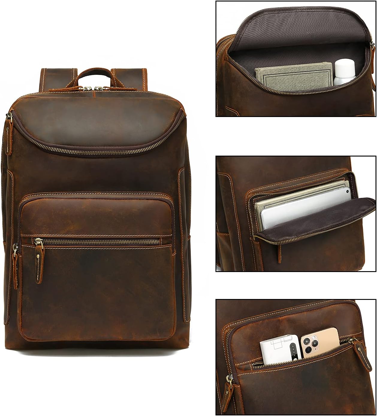 LANNSYNE Vintage Genuine Leather 16" Laptop Backpack For Men Hiking Travel Bag Camping Rucksack