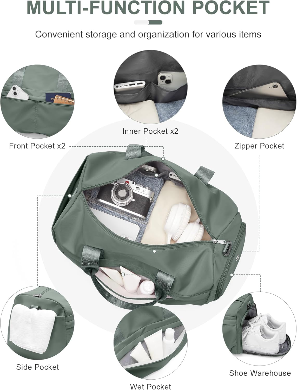 Gym Bag for Women Men, Sport Duffel Bag with Toiletry Bag & Shoe Compartment,Waterproof Travel Weekender Overnight Carry on Bag for Yoga with Trolley Sleeve, Green Set
