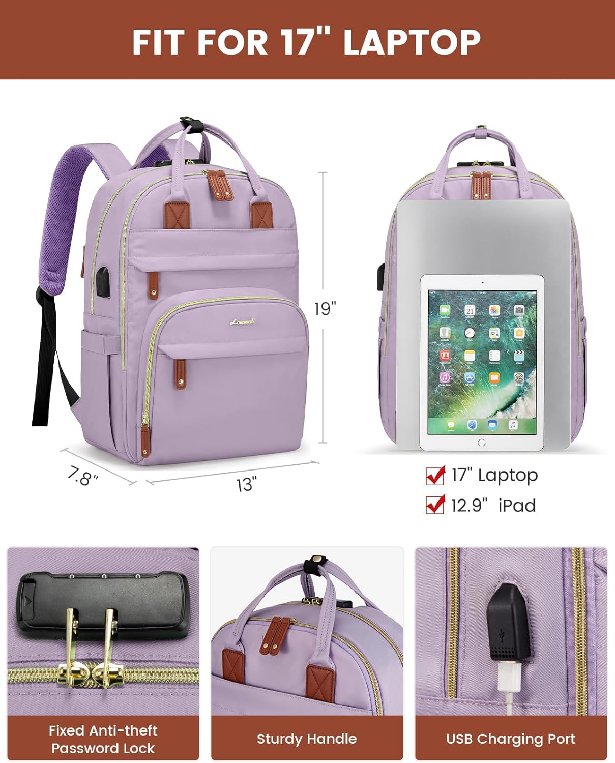 LOVEVOOK Laptop Backpack Purse for Women, Unisex Large Capacity 17 Inch Travel Anti-theft Bag, Work Business Computer Bags backpack, Casual Hiking Daypack with Lock, Light Purple