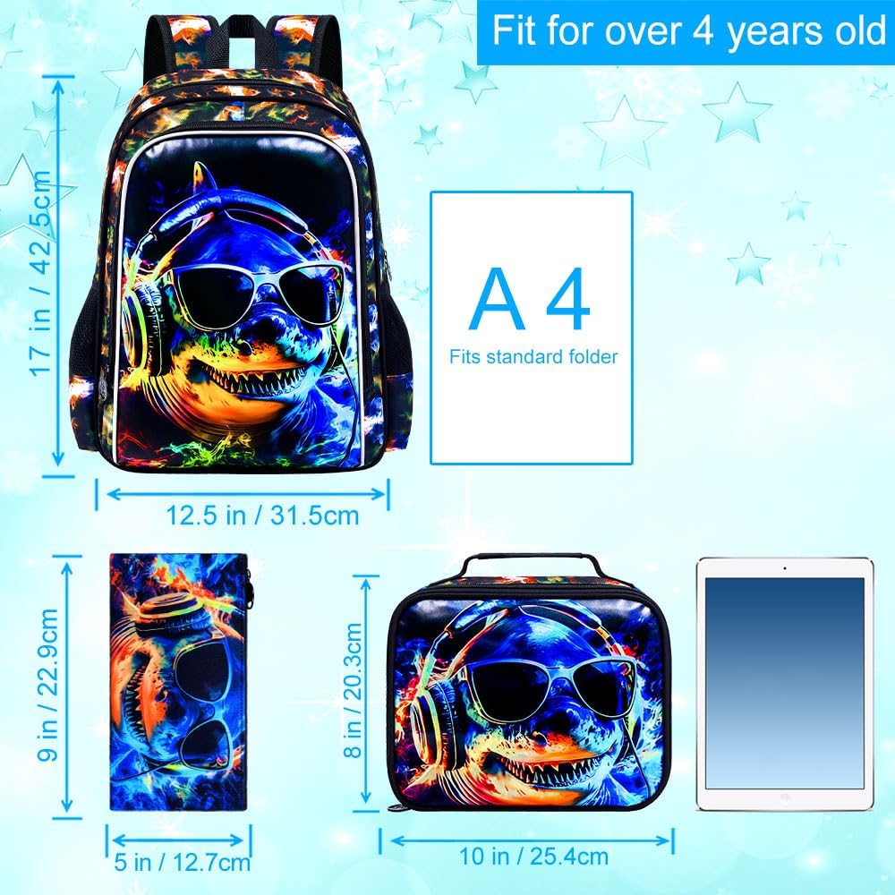 3PCS Boys Shark Backpack, Water Resistant Kids Bookbag with Lunch Box, 17" School Bag Set for Teenagers Middle Elementary - Sunglasses Shark