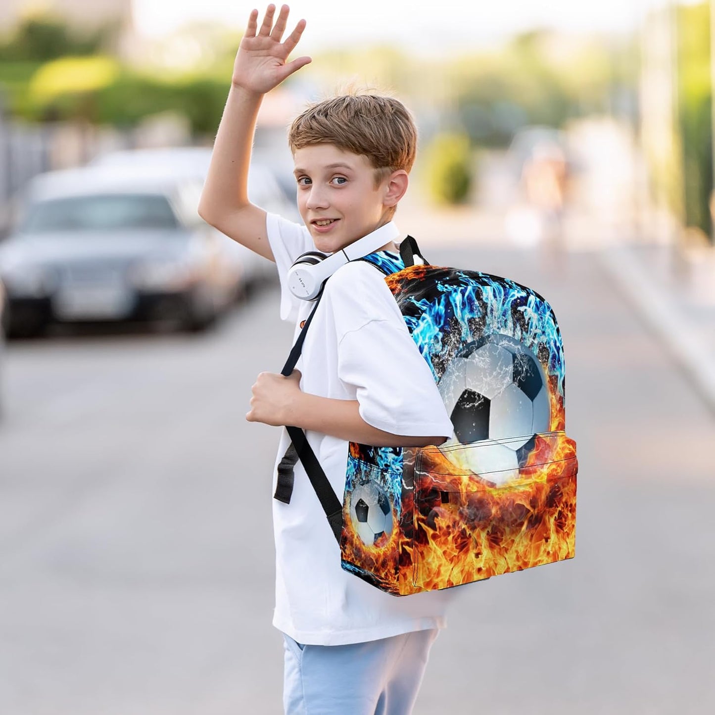 3PCS Soccer Backpack Set for Boys, Large Lightweight 17 Inch Backpack with Lunch Bag & Pencil Case for Kids, Back to School Cool Sports Bookbag for Elementary Middle School - Fire