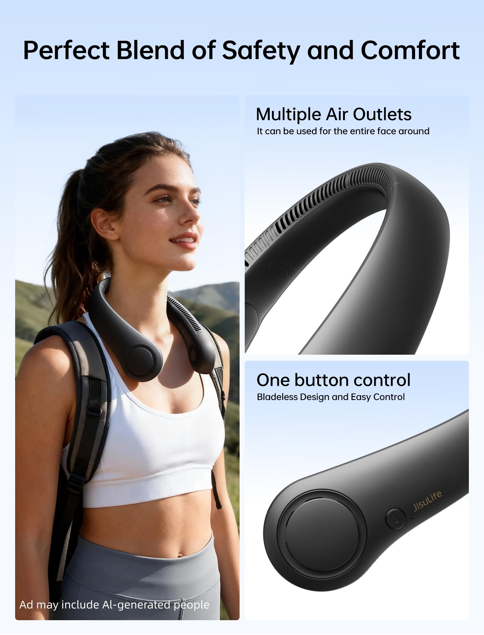 JISULIFE Portable Neck Fan, Hands-Free Bladeless, 5 Speeds, 4000 mAh
