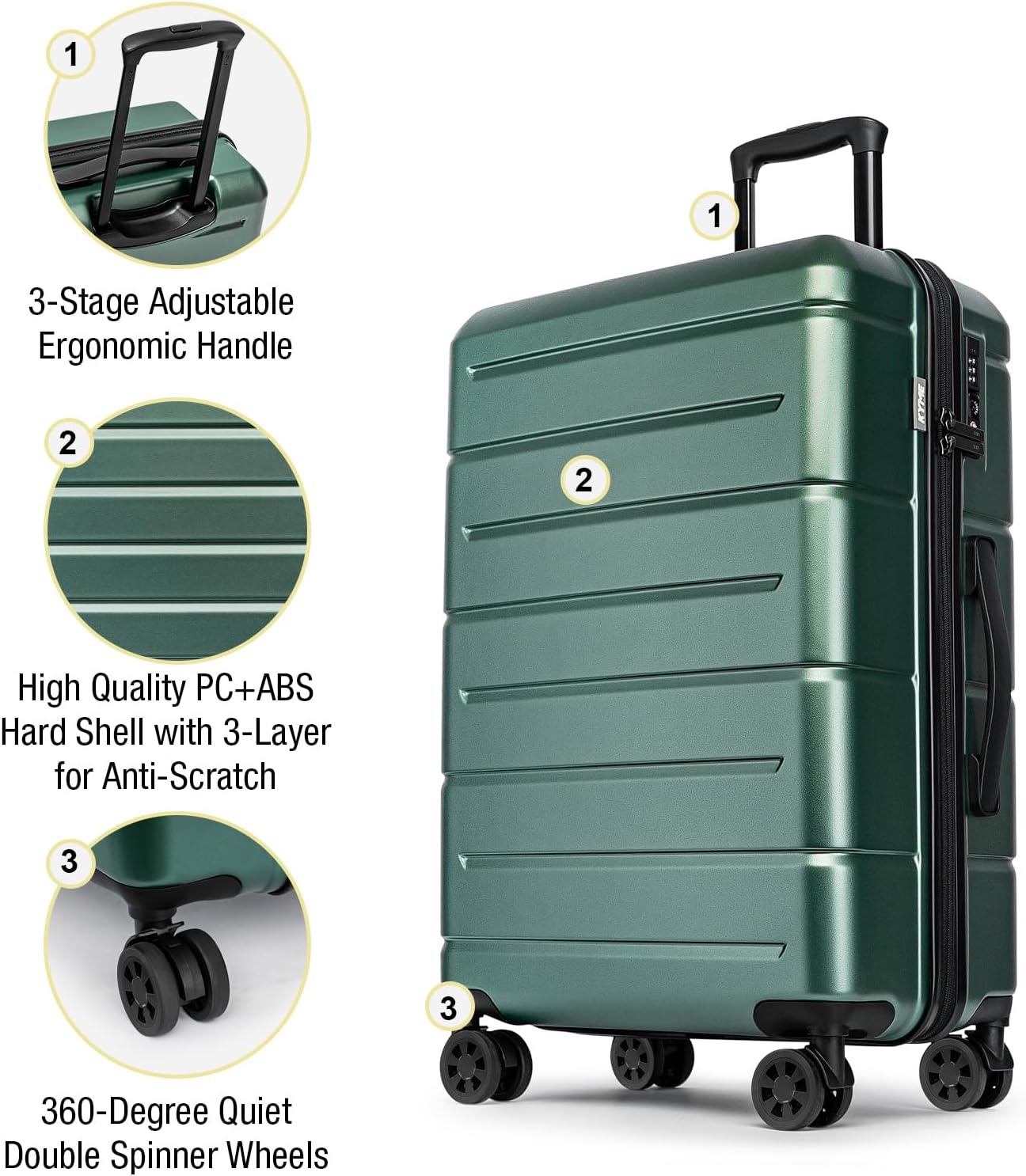 KYME Luggage Sets 2 Piece Hardshell 20"/24" Suitcases with Spinner Wheels Hardside Suitcase Set with TSA Lock Lightweight Travel Luggage Set with Cup Holder for Women Men Green