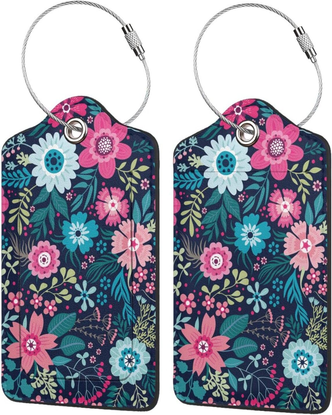 2 Pack Flower Pink Floral Luggage Tags Travel PU Cute Leather Luggage Tag Name ID Labels with Privacy Cover Suitcases Women Men Girls Boys Fun Laggage Tags (Beautiful Flower)