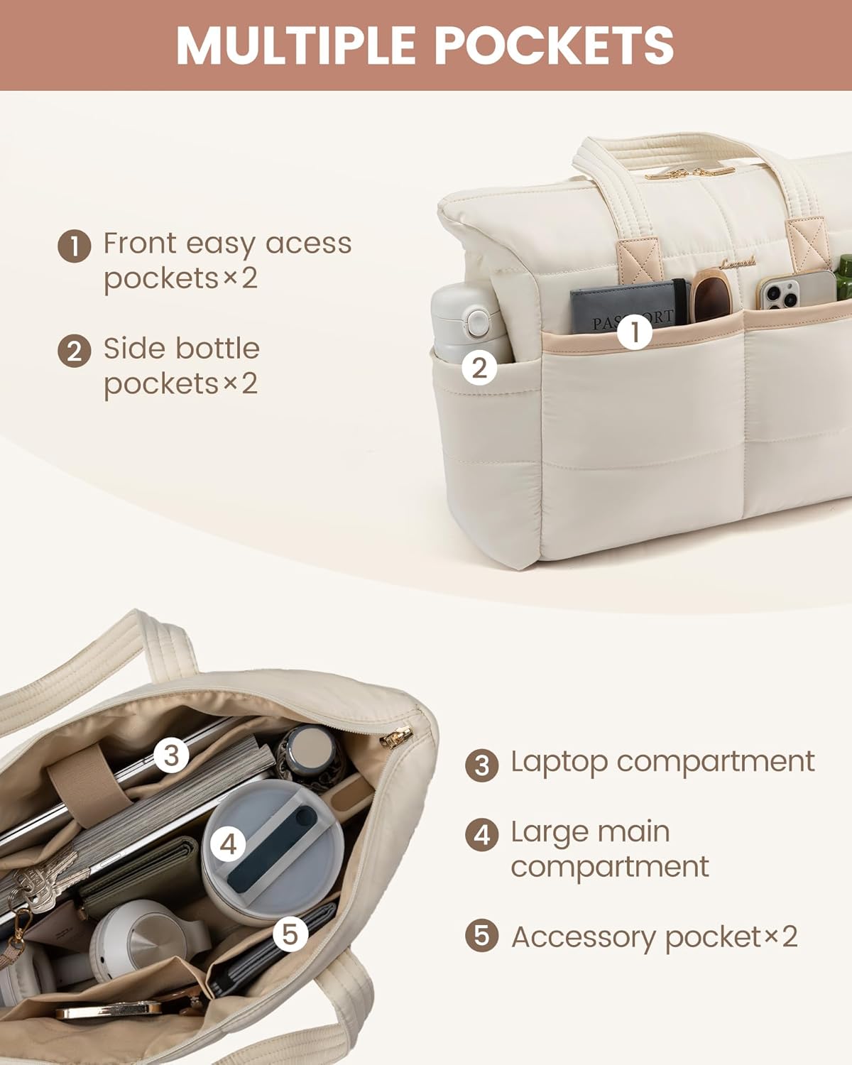 LOVEVOOK Tote Bag for Women,Light Puffer Tote Bag with Multi-pockets,Stylish Carry on Laptop Bags for Daily,Travel,Work,Gym