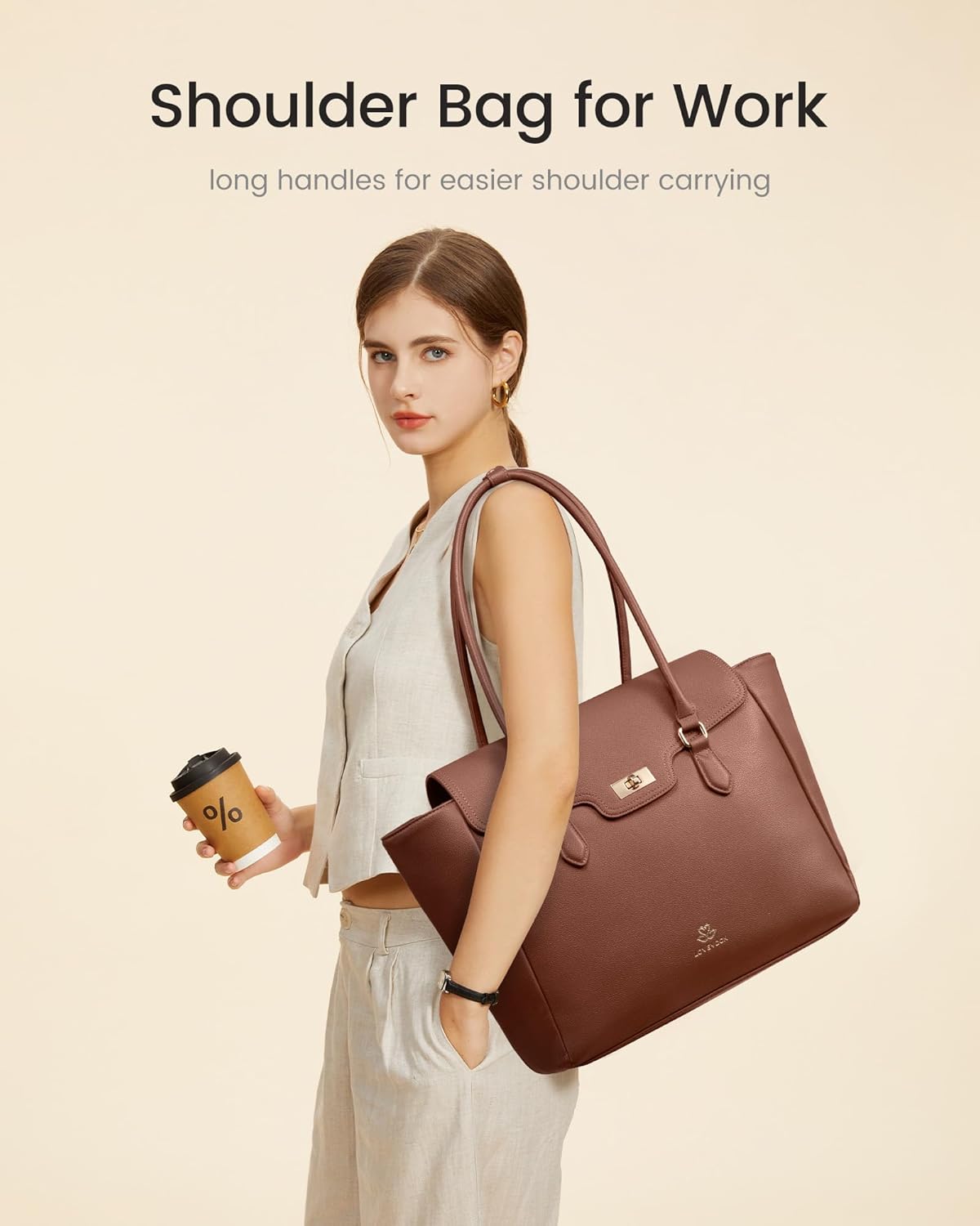 LOVEVOOK Laptop Bag for Women Soft Leather Work Bag, Office Shoulder Tote Purse with Flap Briefcase