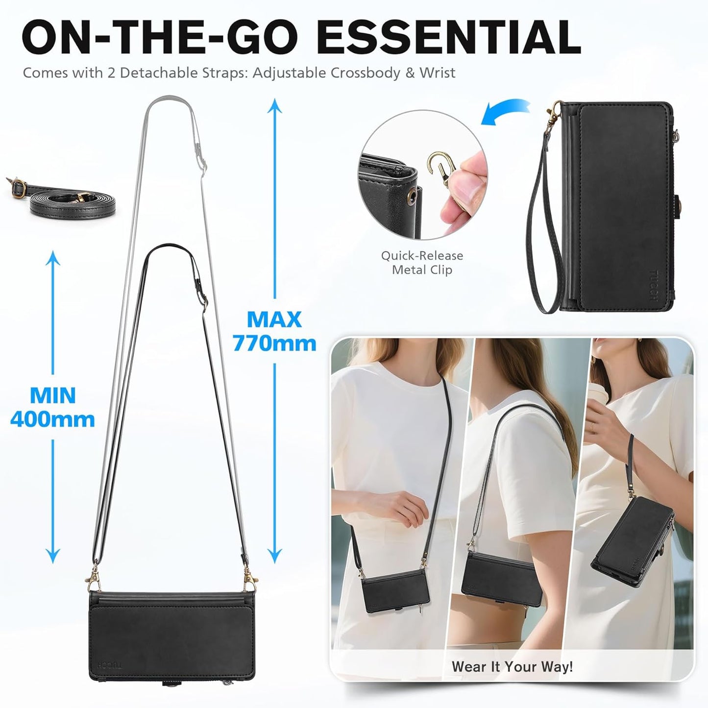 TUCCH Crossbody Detachable Wallet Case for iPhone Air 6.5" 2025, 9 Card Slots RFID Blocking | Wireless Charging | Wrist Strap | Lanyard | Stand | Zipper Pocket | PU Leather Shockproof Cover | Black