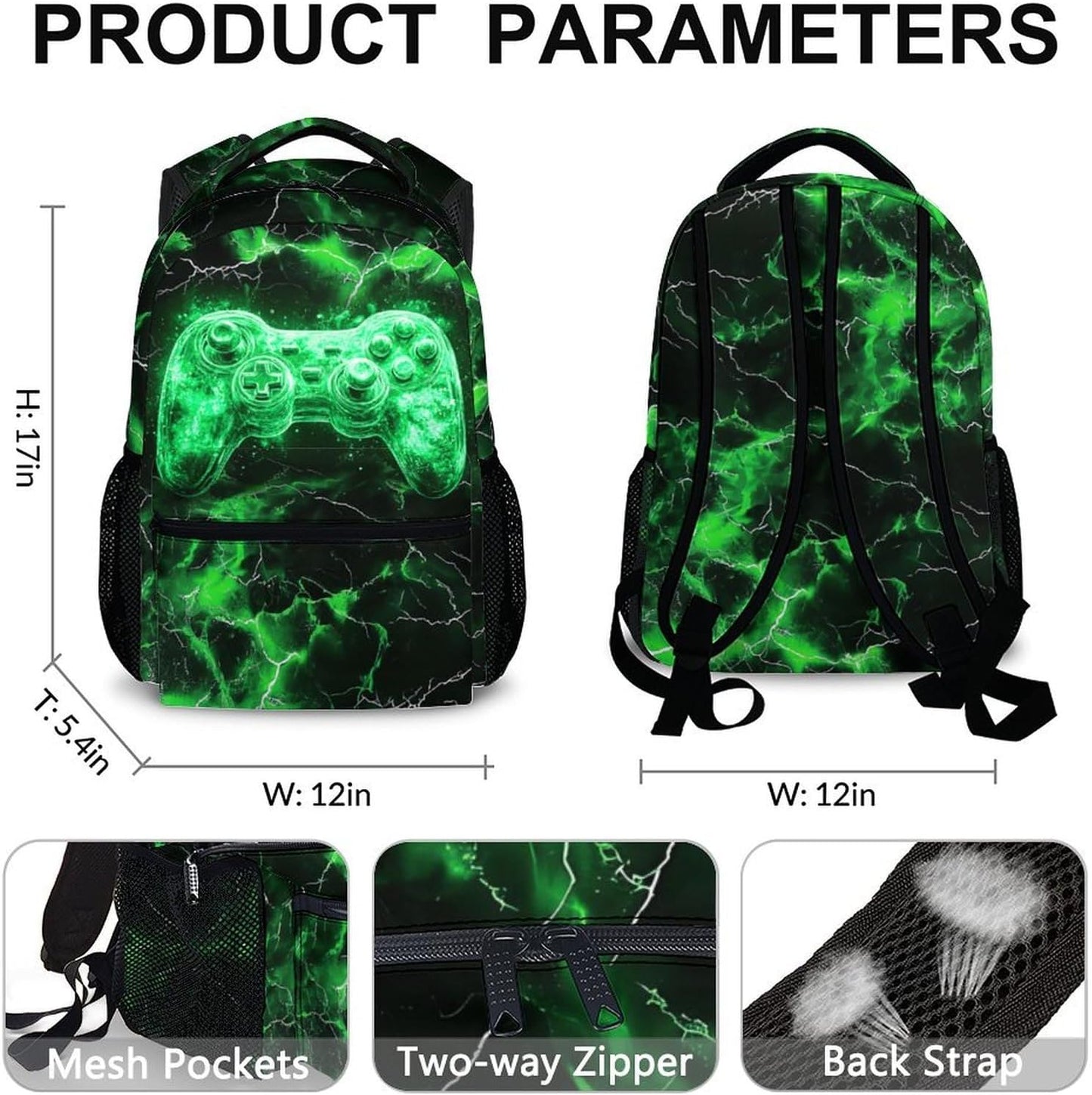 Kids Backpack, Cool Green Gamer Bookbag for Boys 6-8, Boys Gift for Birthday, 17 Inch Leisure Backpack for School Preschool Elementary Kindergarten