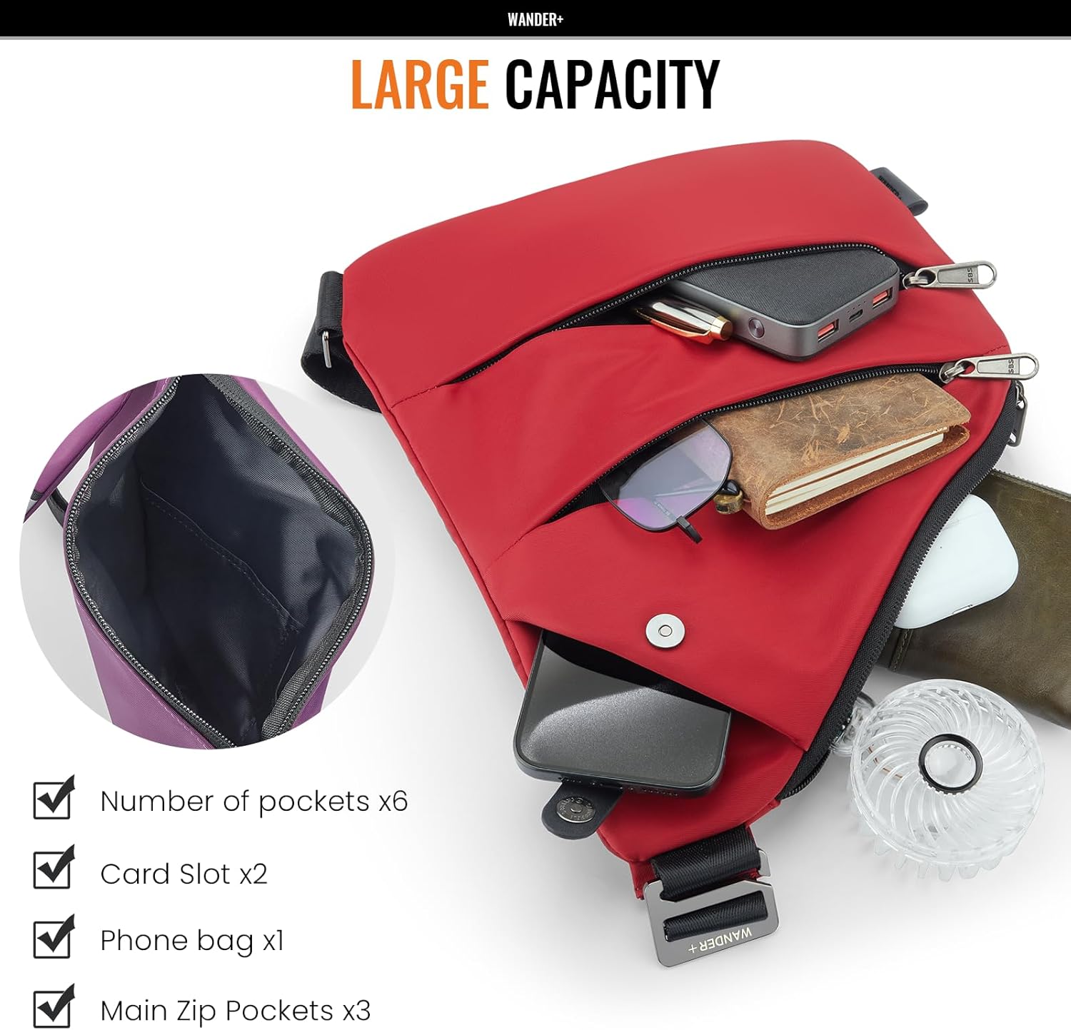 WANDER PLUS® Anti Theft Crossbody Travel Bag for Women Men, Multi-Pocket Crossbody Bag, Slim Sling