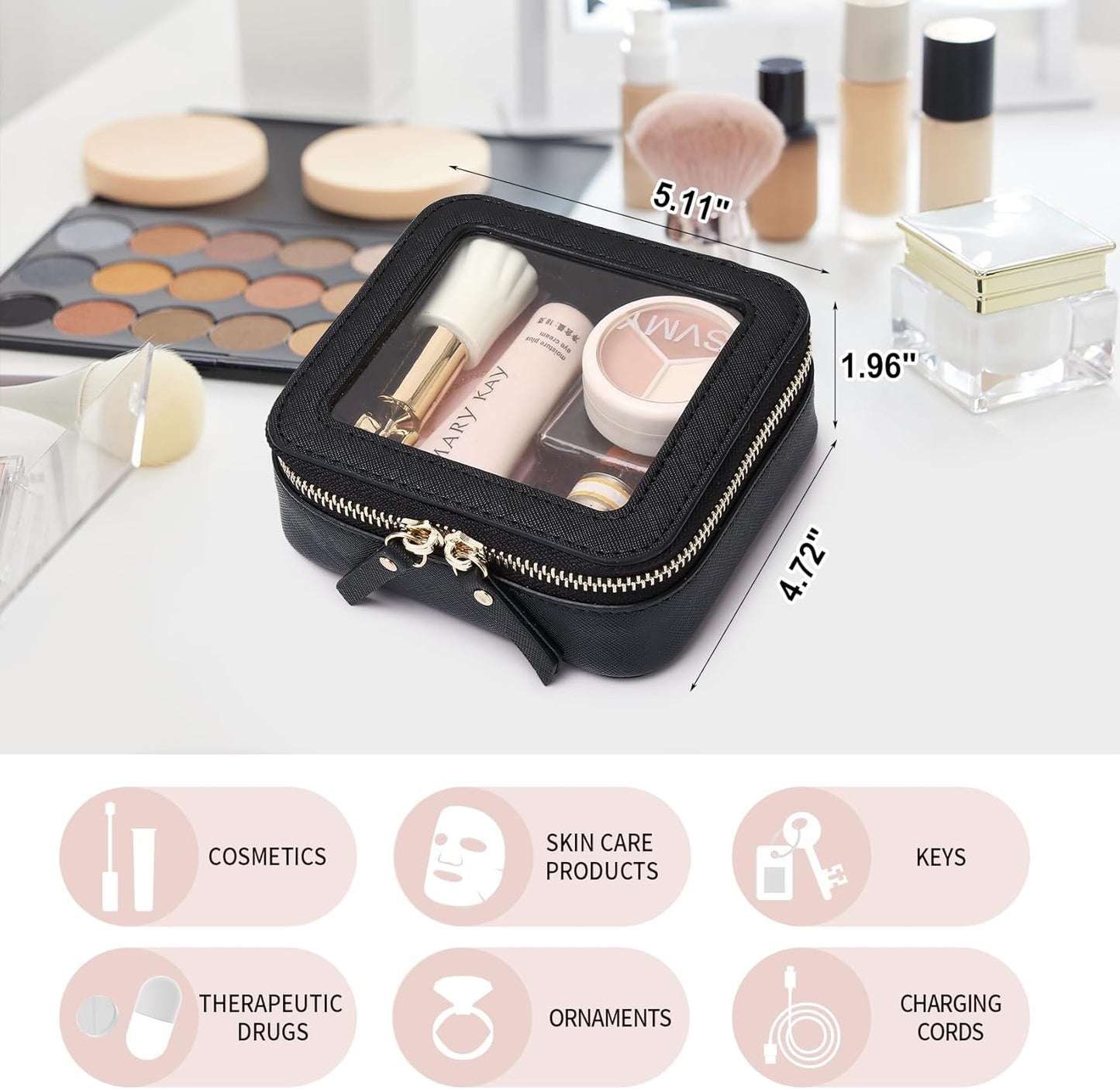 Small Clear Makeup Bag for Women Mini Cosmetic Bag Travel Toiletry Bag Purse Organizer with Zipper Car Essentials (Black, Mini)