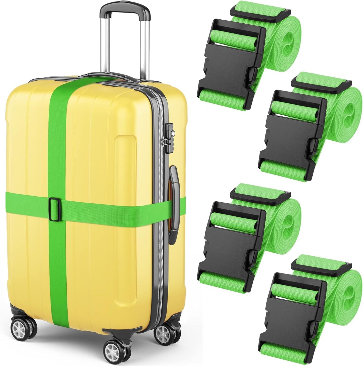 Luggage Straps - Neon Green, 78" Long, 2 Inches Wide, 4 Pack - Adjustable Nylon Belt for Travel Suitcases & Bags - by Mifflin-USA