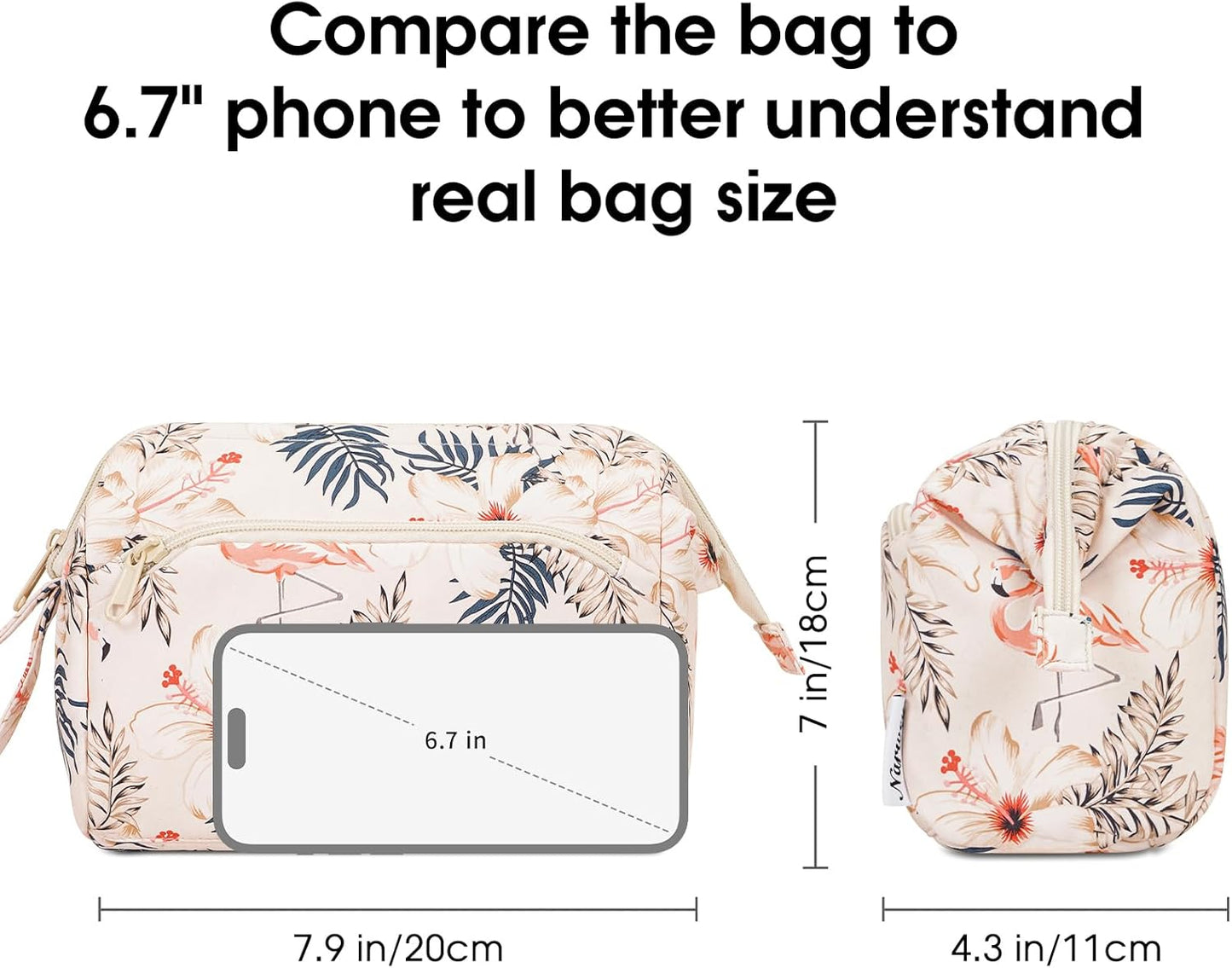 Narwey Women Makeup Bag Wide-open Make up Bag Travel Cosmetic Organizer Toiletry Bag for Cosmetics Toiletries Accessories (Beige Flamingo)