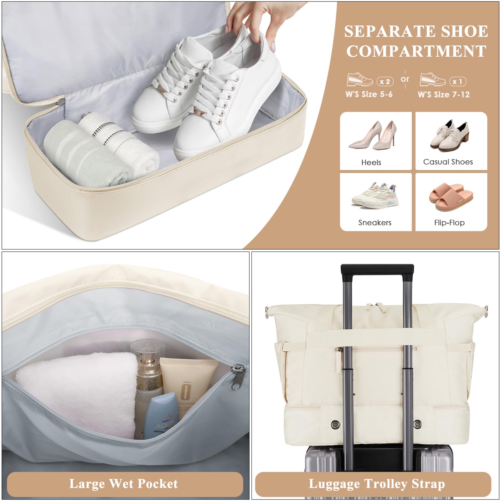 Gym Bag for Women, Personal Item Travel Bag with Shoes Compartment for Trip