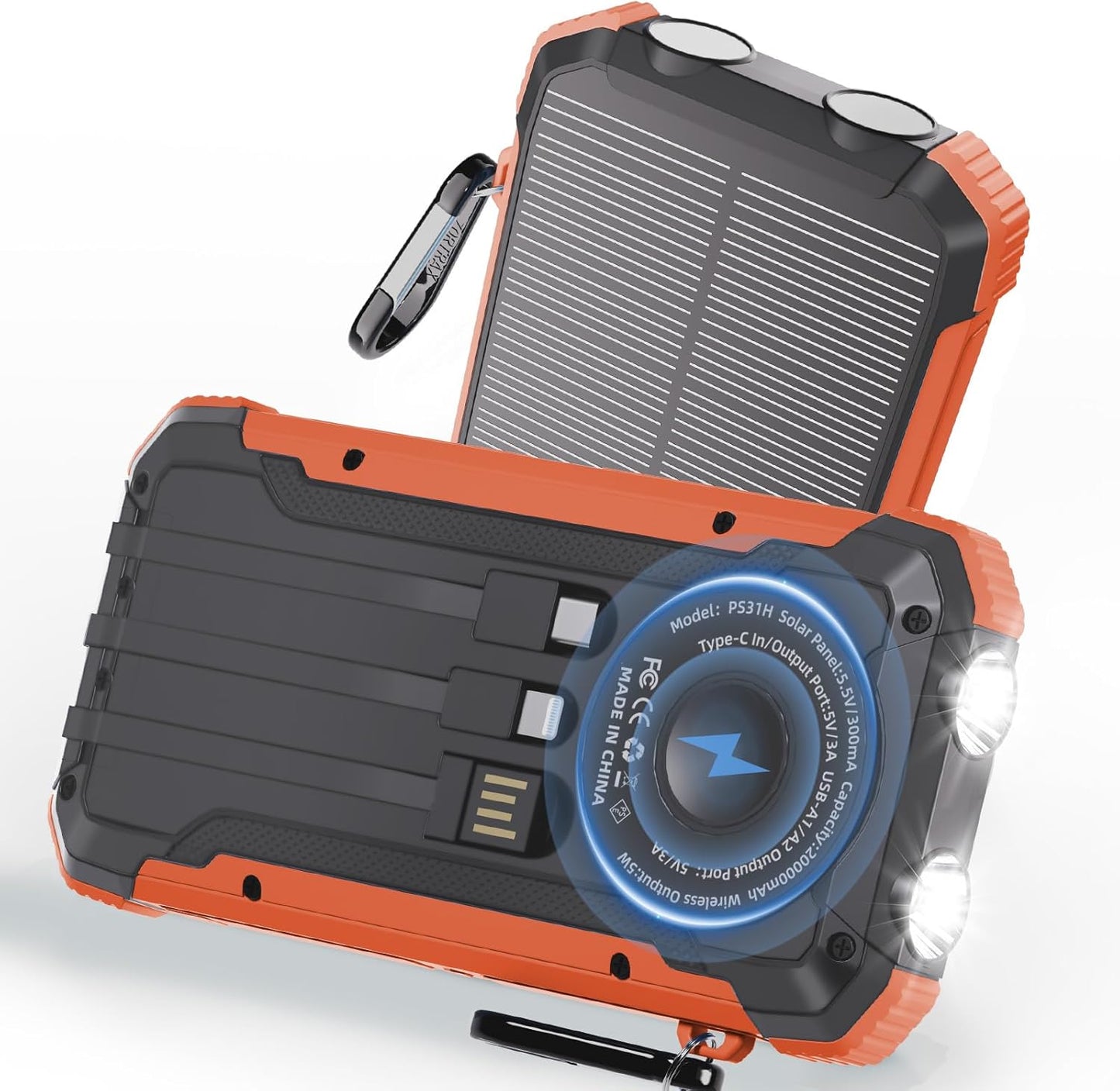 Solar Charger Power Bank 20,000mAh Portable Wireless Charger, Fast Charging External Battery Bank with 6 Outputs for Cell Phones,Portable Solar Panel with Dual Flashlight for Camping