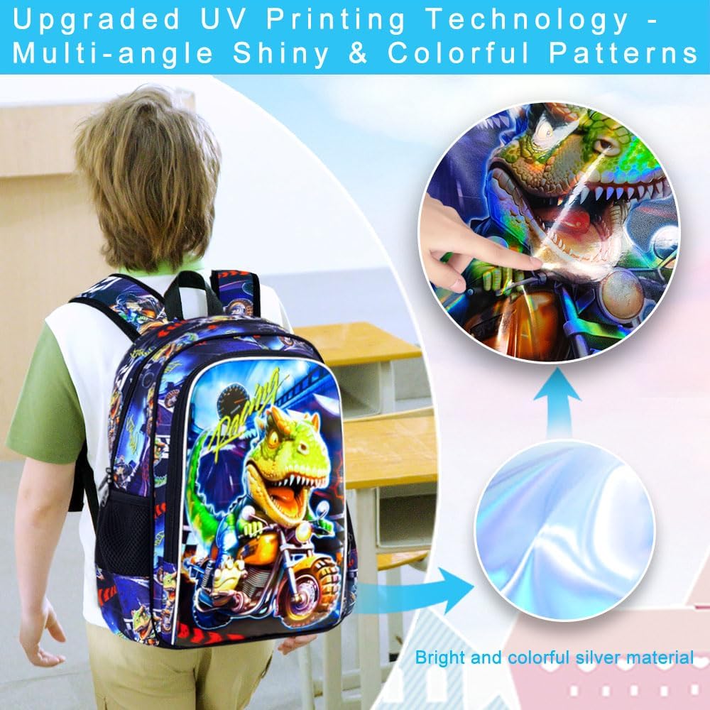 3PCS Dinosaur Backpack for Boys, 16 Inch Kids Water Resistant Preschool Elementary Kindergarten