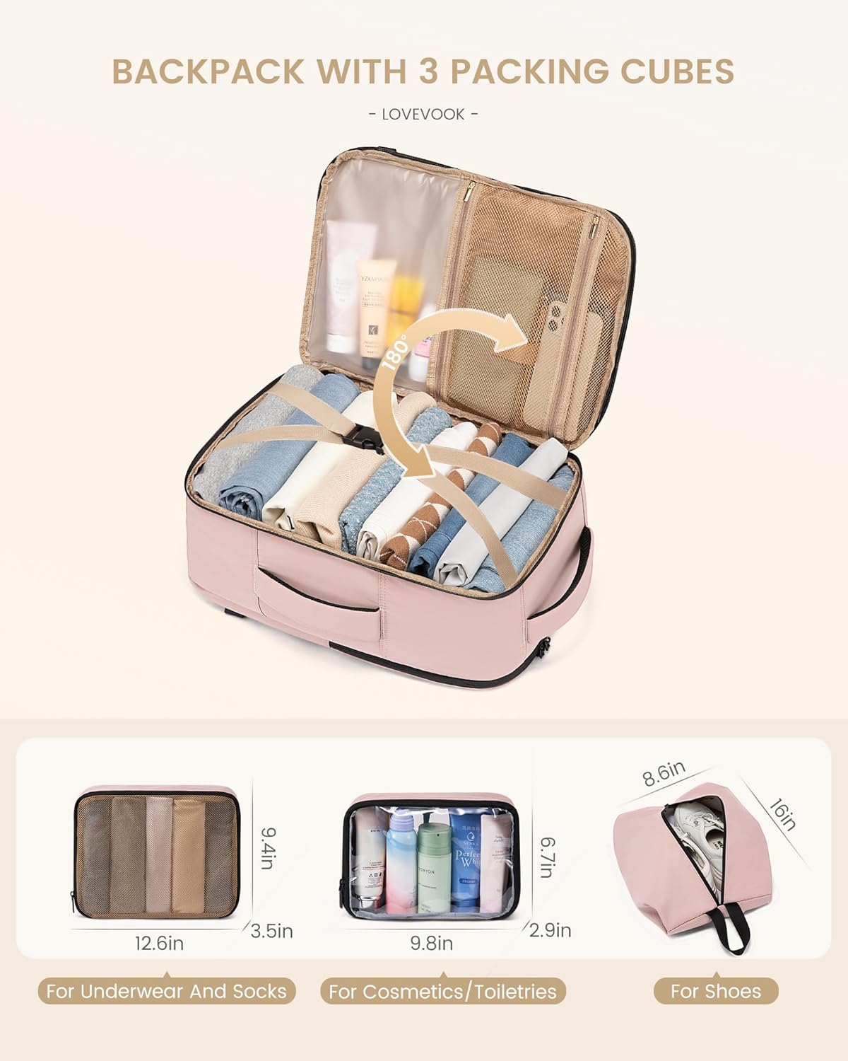 LOVEVOOK Travel Backpack for Women & Men, Large Carry On Backpack Airline Approved, Personal Item Laptop Backpacks, 4PCS