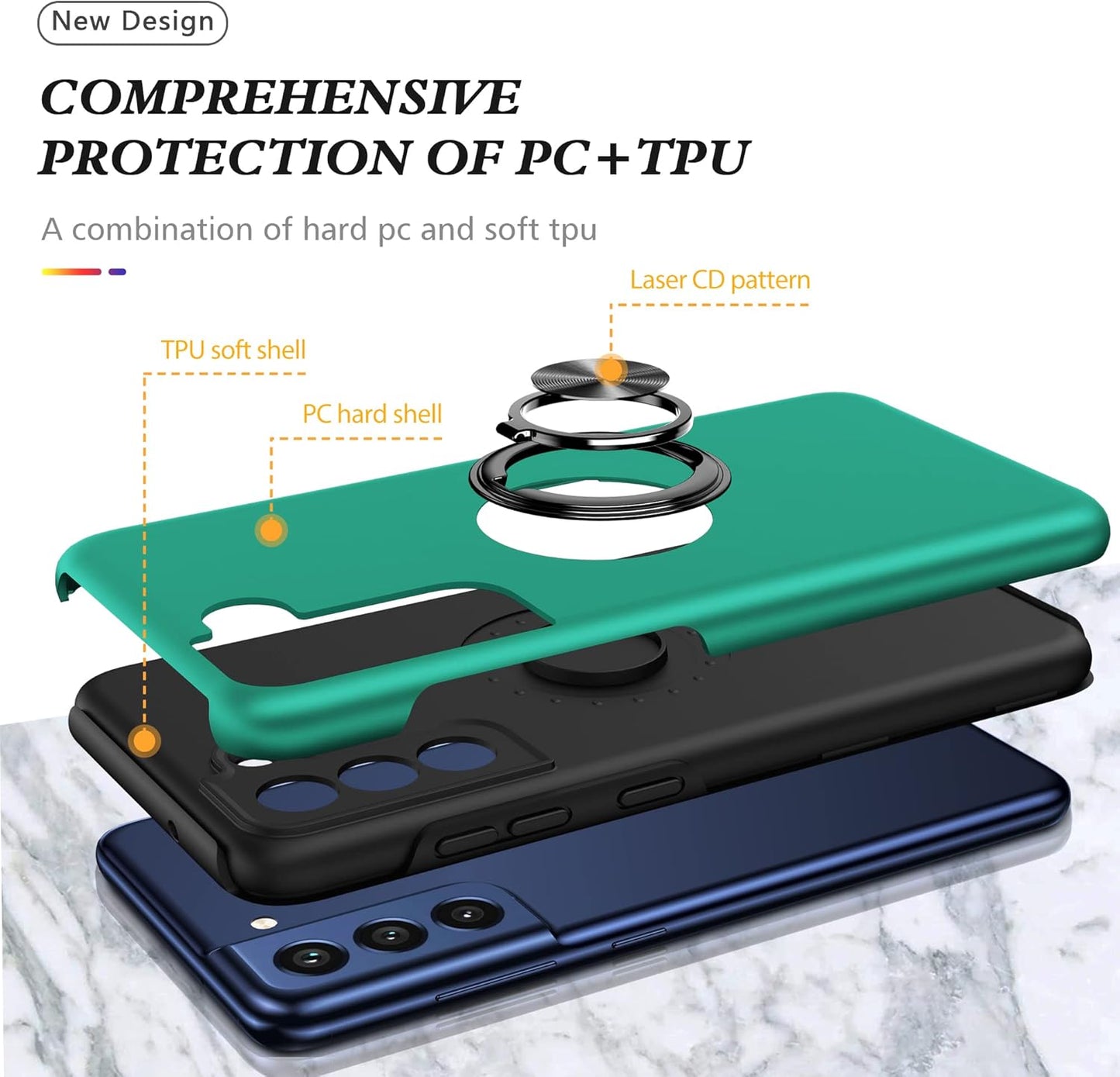 Galaxy S21 FE 5G Case with Nano Explosion-Proof Film - 2 Pack Military Grade Double Shockproof Invisible Kickstand Case (Dark Green)