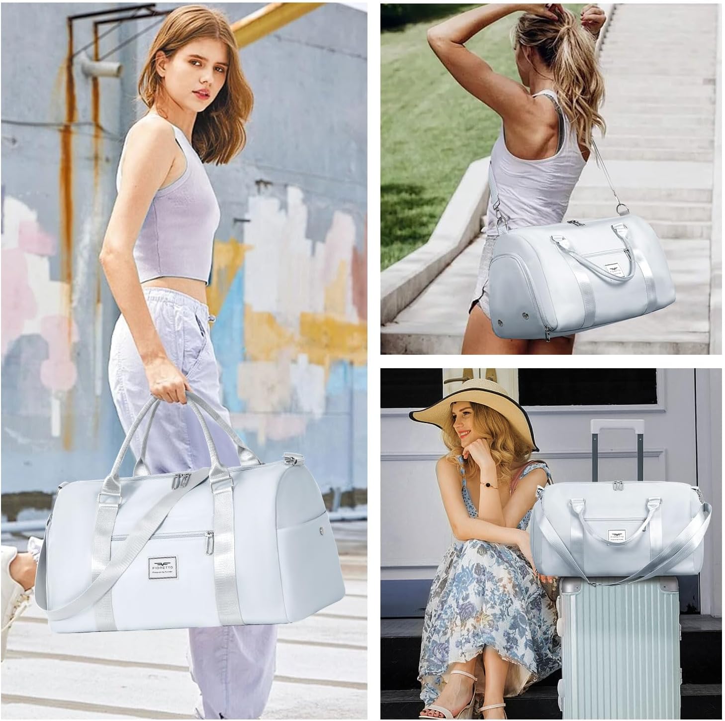 FIORETTO Womens Gym Tote Duffle Bag with Wet Pocket & Shoe Compartment, Sports Duffel Overnight