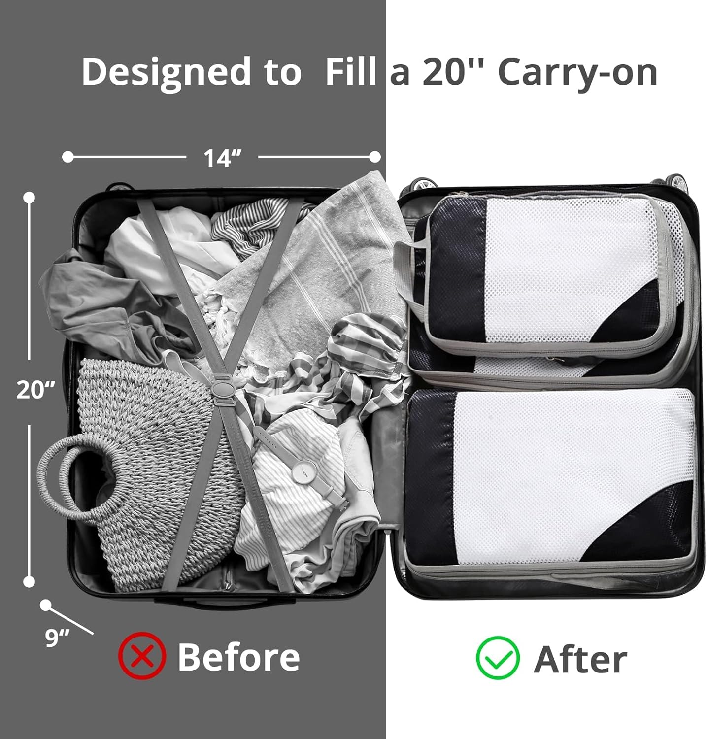 9 Set Compression Packing Cubes for Travel - Compressible, Lightweight, and Space-Saving Packing Cubes, Travel Essentials for Women, Black