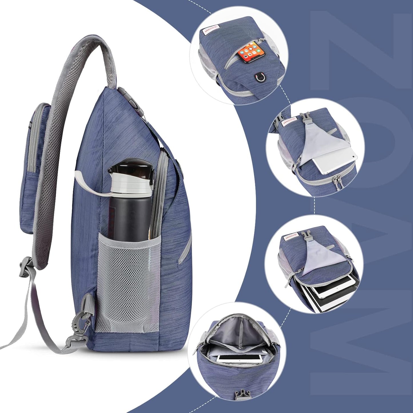 ZOMAKE Sling Bag,Small Crossbody Sling Backpack,Water Resistant Shoulder Daypack for Travel,Anti Thief Chest Bag for Hiking(Navy Blue(Stripe))