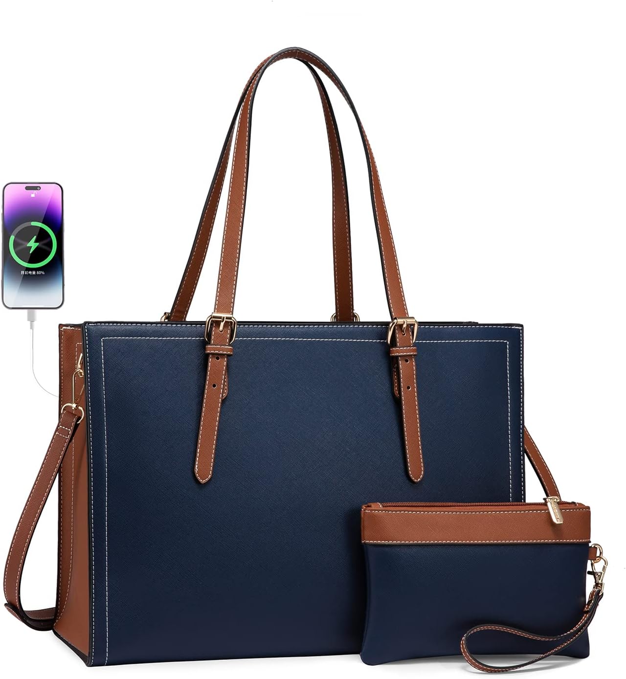 LOVEVOOK 15.6 Inch Laptop Bag for women, Large Waterproof PU Leather Work Briefcase with USB Charging Port Casual Computer Shoulder Bag Messenger, Fashion Business Office Tote Handbag Purse