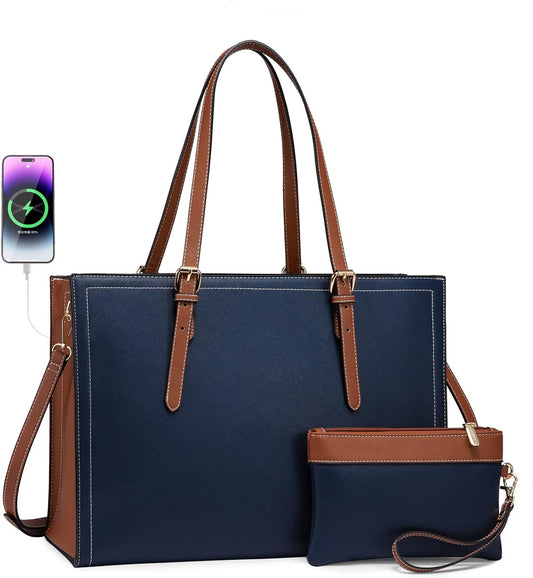 LOVEVOOK 15.6 Inch Laptop Bag for women, Large Waterproof PU Leather Work Briefcase with USB Charging Port Casual Computer Shoulder Bag Messenger, Fashion Business Office Tote Handbag Purse