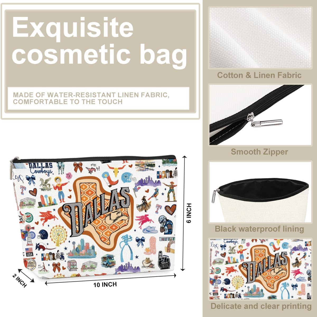 Dallas Themed Makeup Bag - Dallas Souvenirs Gift for Women, Best Friend, Sister - Travel Friendly Cosmetic Bag, Birthday Christmas Gifts