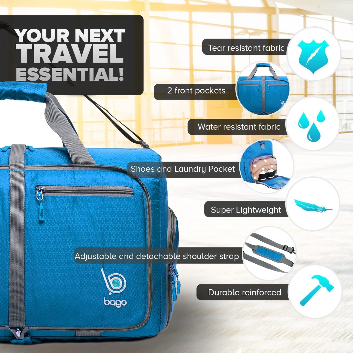 Bago Foldable Duffel Bags for Traveling Women & Men - 60L Medium Packable Duffle Bag for Travel with Shoe Compartment - Water Repellant, Heavy Duty, Lightweight Folding & Collapsible (Blue)