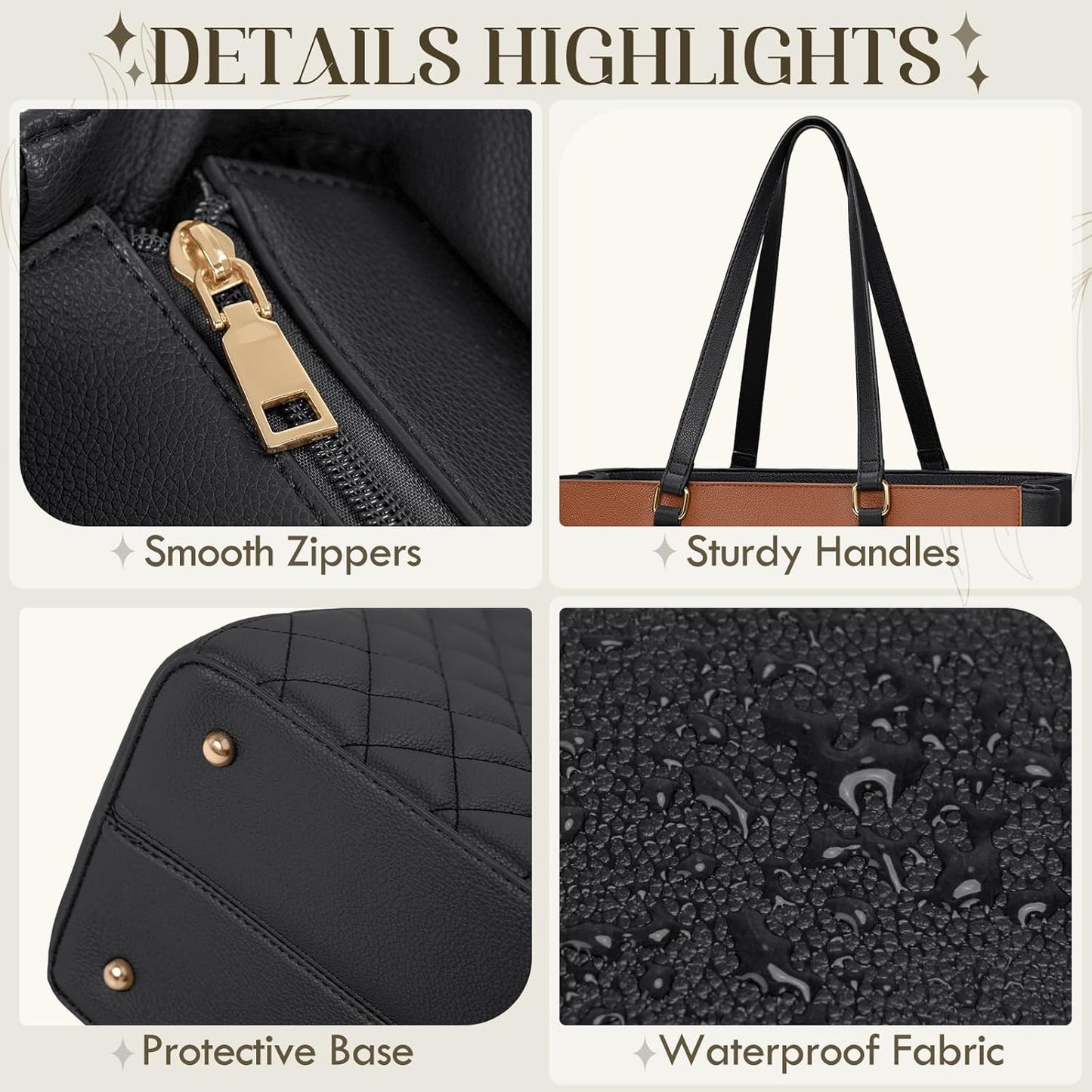 RAINSMORE Laptop Bag for Women 15.6 Inch Work Tote Bags Leather Laptop Tote Professional Laptop Purse Computer Handbag Womens Briefcase Tote with Clutch for Teacher Office Travel, Black Brown & White