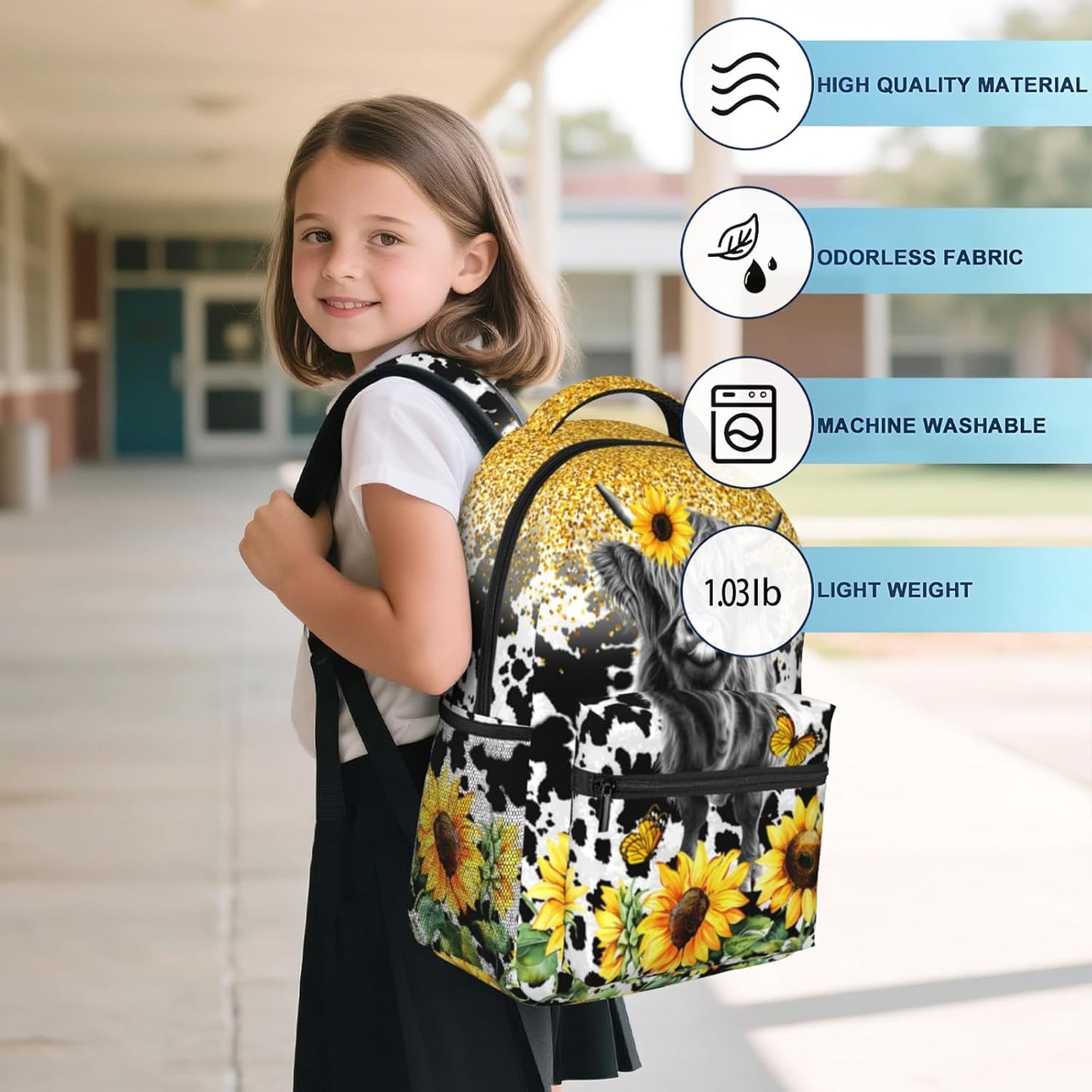 Highland Cow Backpack for Girls Boys Sunflower Cow Print School Backpack for Kids Children Teens