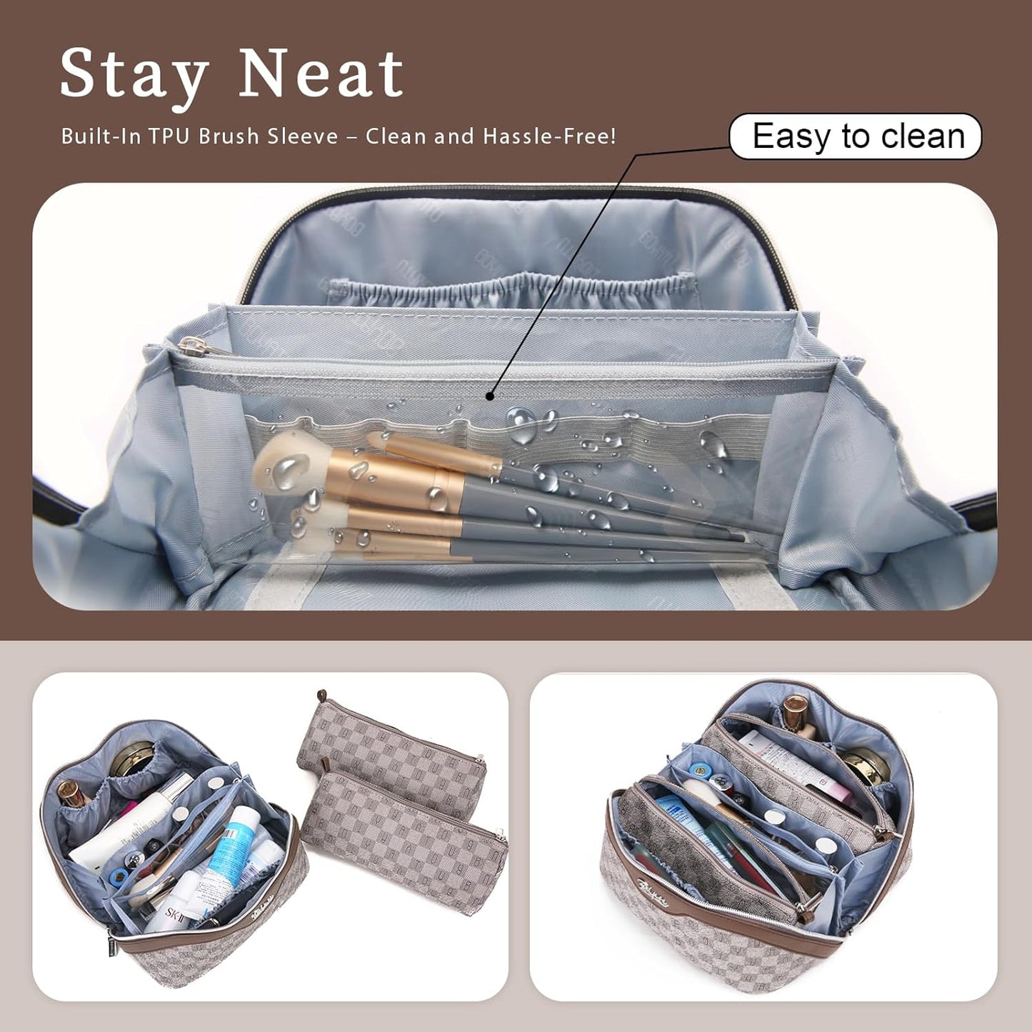 BOYATU Travel Makeup Bag Cosmetic Bags for Women: Large Make up Bags Set of 3 - Portable Makeup Organizer with Compartments&Handle&Divider - Waterproof PU Leather Toiletry Bag(C-1-Light Brown)