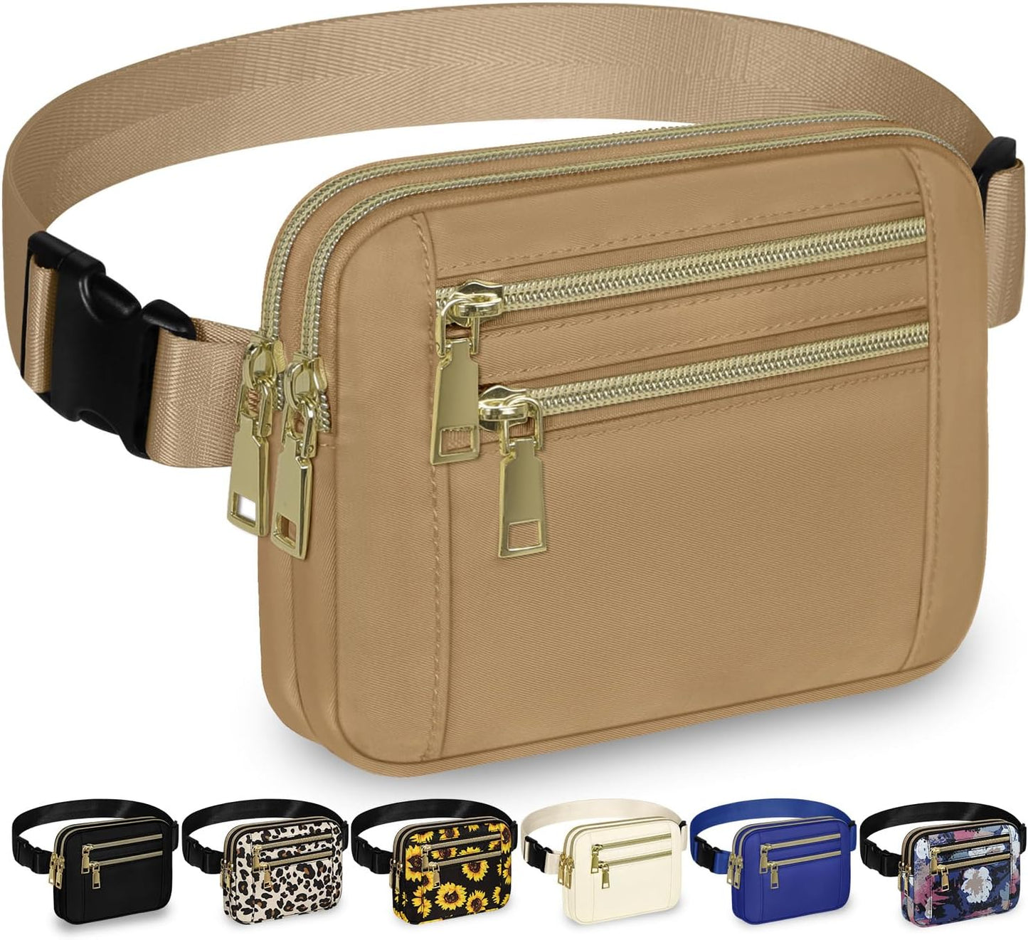 Capolo Fanny Packs for Women Fashion Waist Packs Bag with Adjustable Strap and 4 Zipper Pockets Waterproof Everywhere Crossbody Belt Bag for Workout Running Travelling(Khaki, Large)