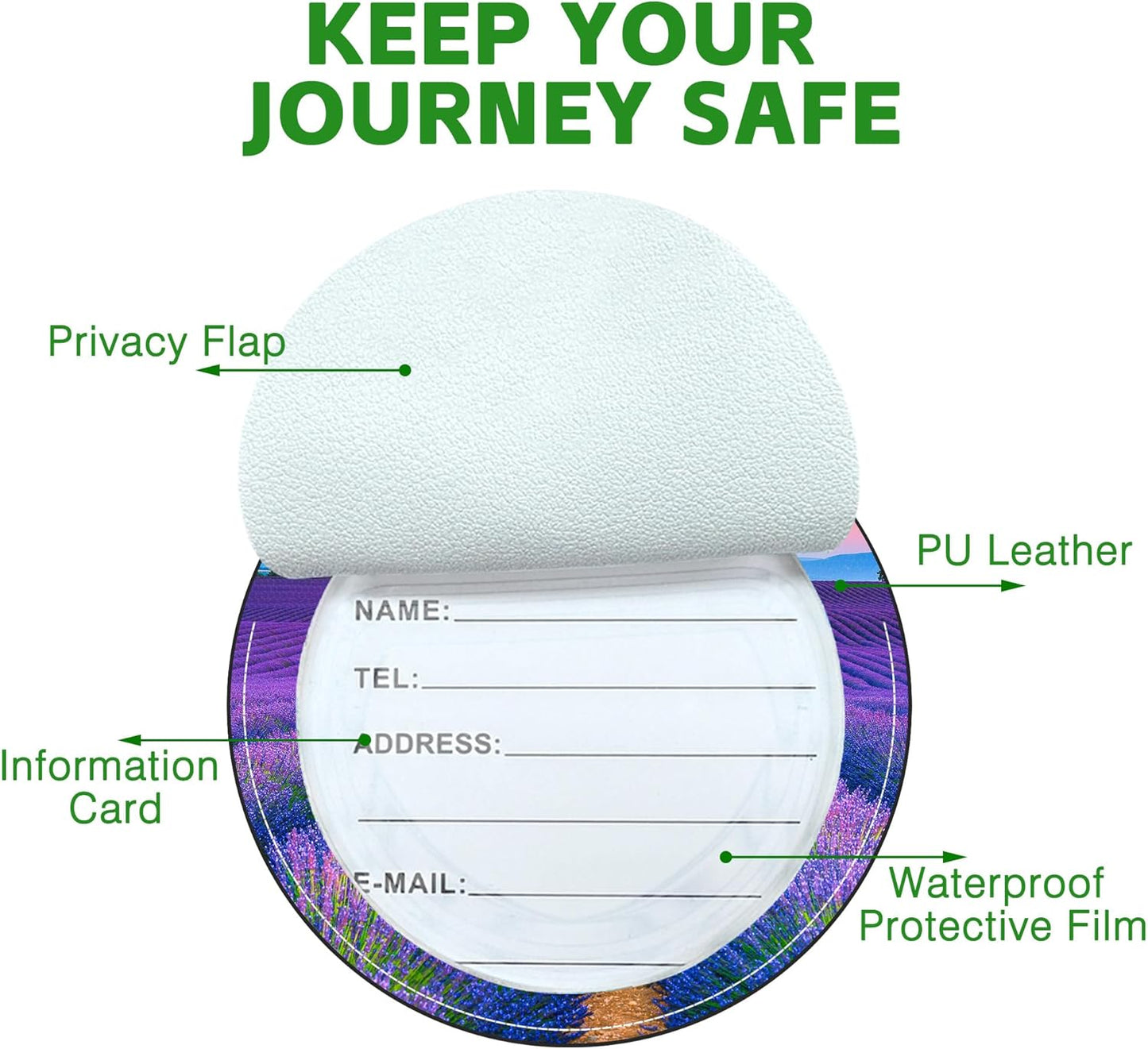 Round Cute Luggage Tags 2 Pack Beautiful Purple Lavender Creative Baggage Tags,Cruise Travel Baggage Suitcases Tag with Stainless Steel Loop ID Tag Privacy Flap