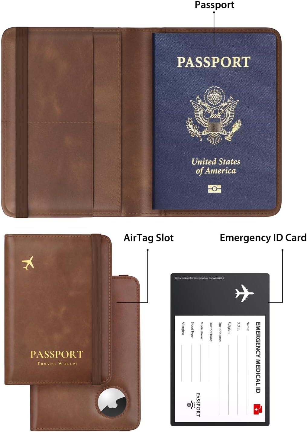 Stouchi AirTag Passport Holder, RFID Passport Holder with Airtag Slot, Multiple Passport Wallet Cover for Men, Leather Passport Case, Anti-Lost Waterproof Travel Accessories, Brown