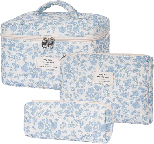 Quilted Makeup Bag,Large Cosmetics Bag Set,Coquette Floral Make up Pouch,Travel Toiletry Bag for Women