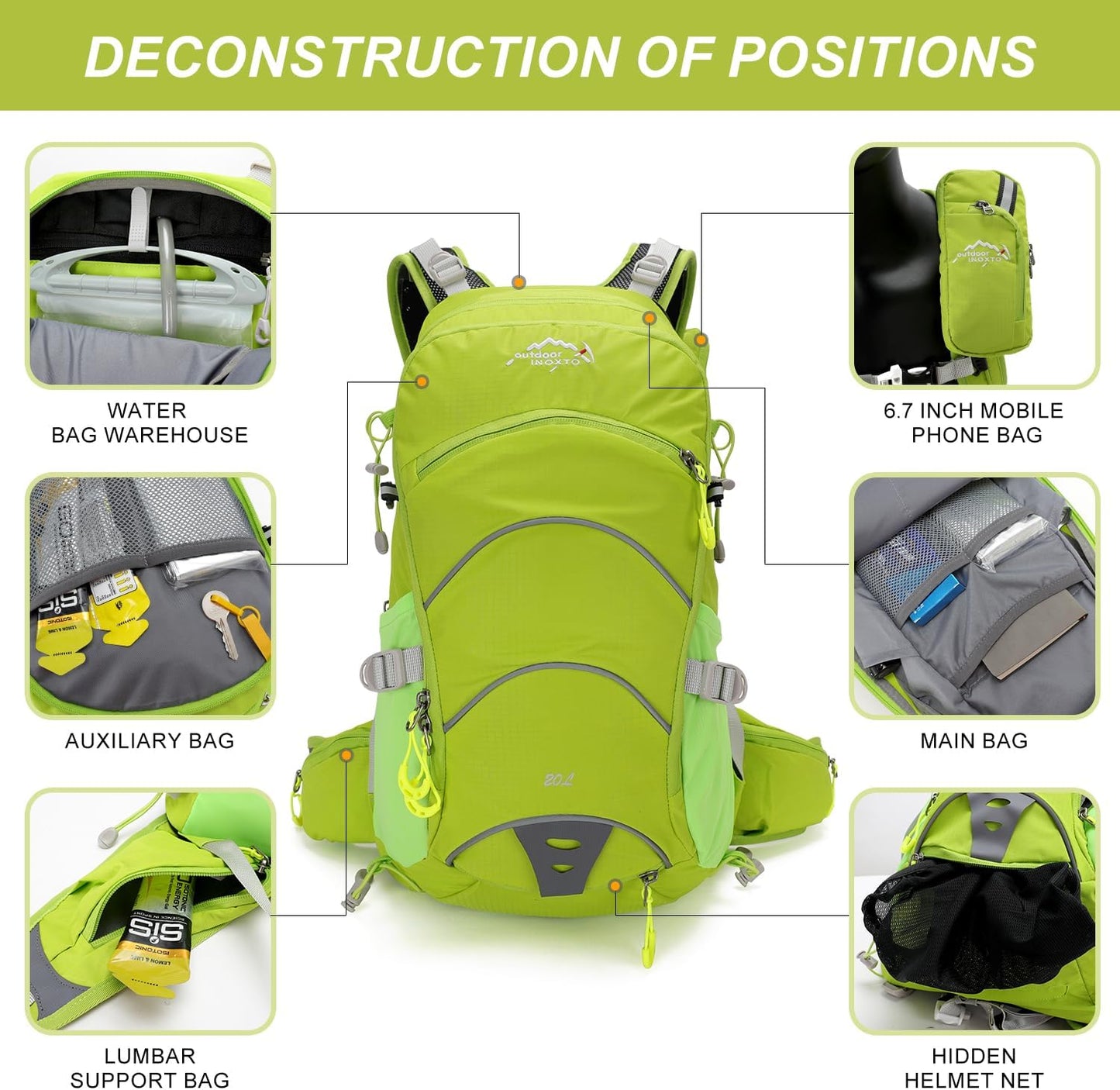 Hydration Pack,20L Hydration Backpack, Hiking Internal Frame Backpacks with 2L Hydration Water Bladder and Rain Cover, for Cycling,camping, hunting,Ski, Snow for Men, Women (light green)