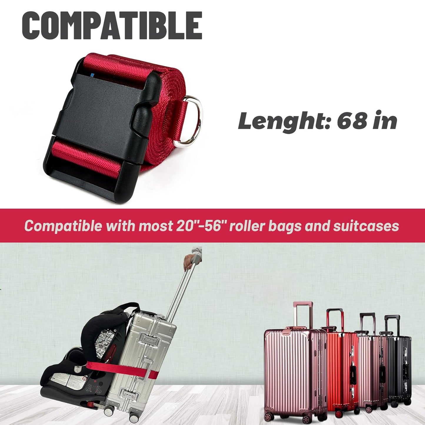 GUCHO Car Seat Belt Travel Strap，Carry-on Luggage into an Airport Car Seat Stroller & Carrier, an Useful Solution for Travel Transfer (Red)
