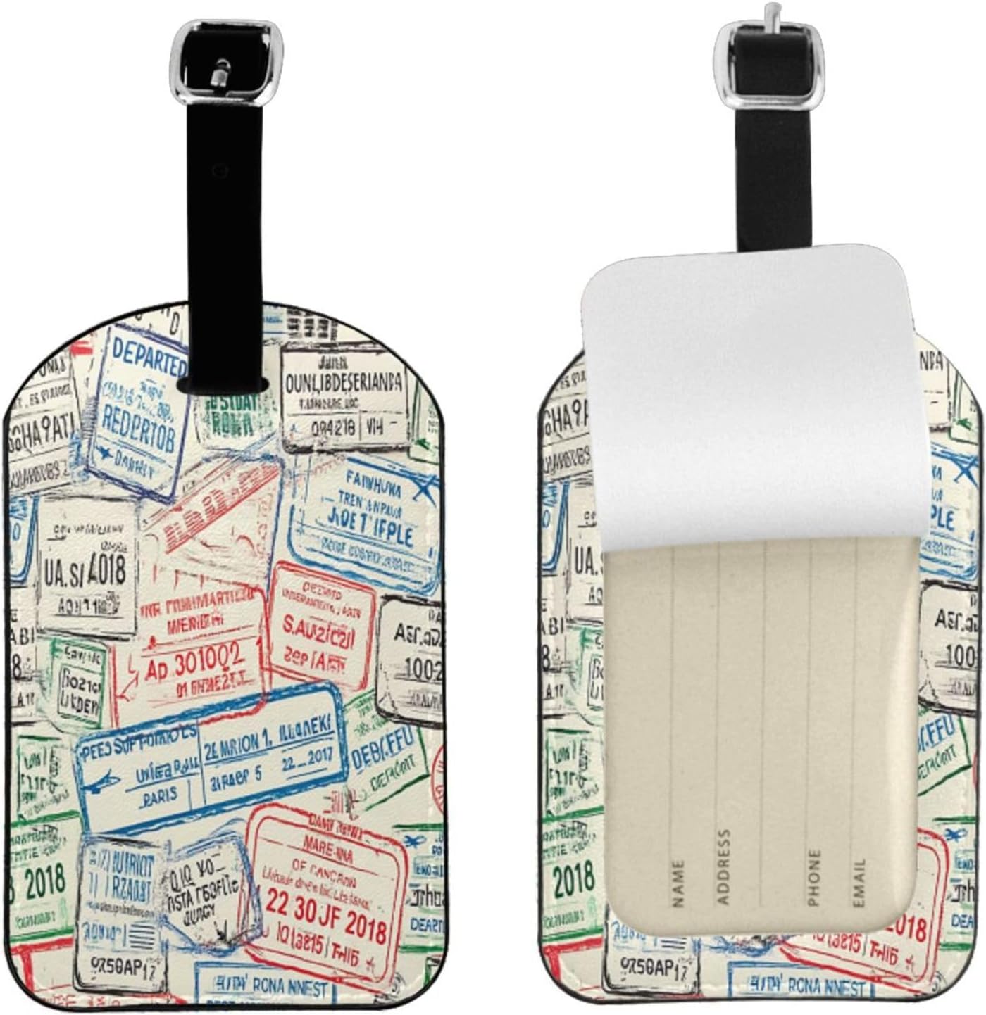 Grunge Passport Luggage Tag for Suitcases,Airport Stamps Colorful Red Green Gray Blue PU Leather