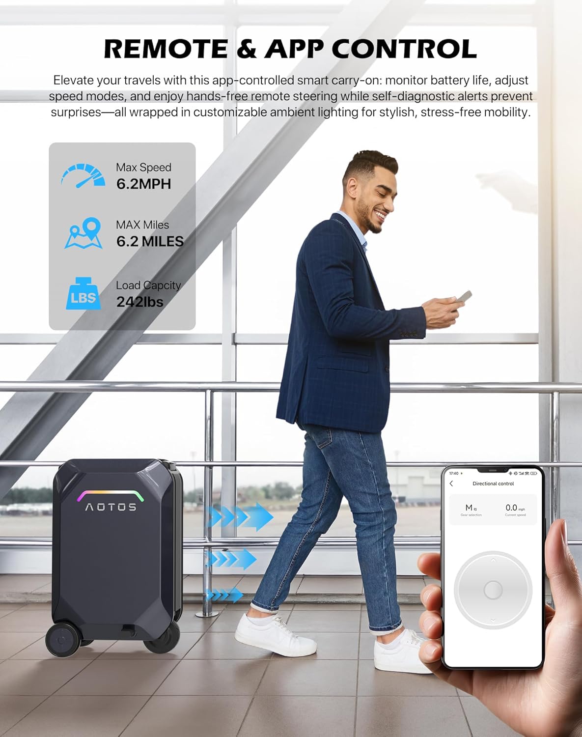 Smart Rideable luggage-Roller carry-on luggage 22x14x9-TSA, Airline-Approved 22 inch Hardshell,Zipperless Travel Suitcase with Rolling WheelsApp Control -Cabin Suitcase for Airport Travel(Grey)