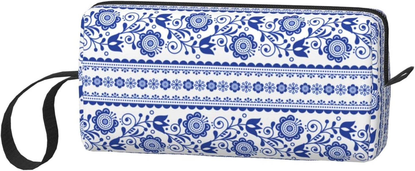 Folk Art Blue-White Floral Makeup Bag Small Compact & Durable Boho Travel Cosmetic Bag Organizer Oxford Fabric Multi-Purpose Storage Perfect for Travel, Gym, Daily Use
