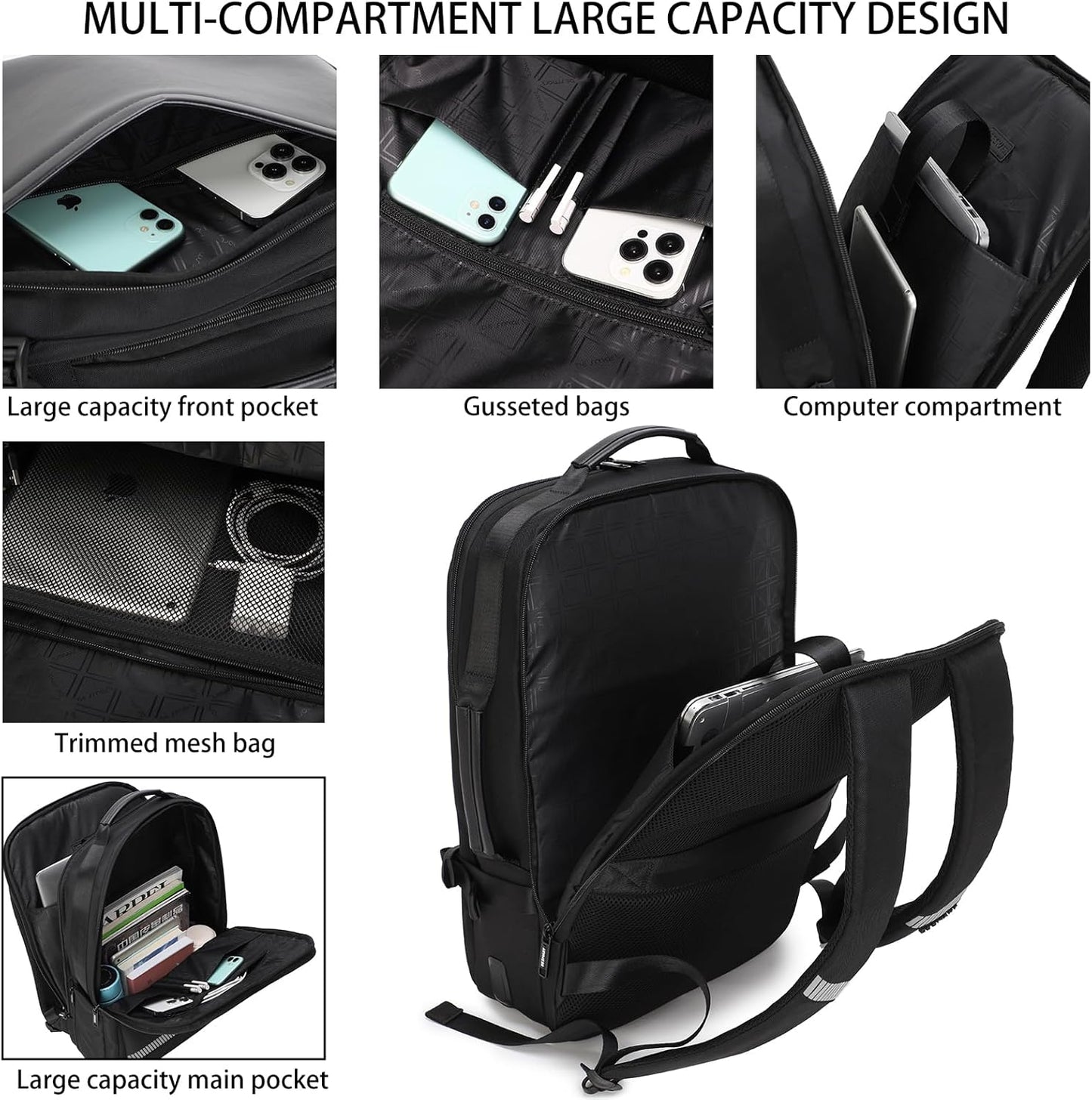 BESMART Waterproof Laptop Backpacks with USB Charging Port & Trolley Sleeve, Shockproof 15.6 Inch