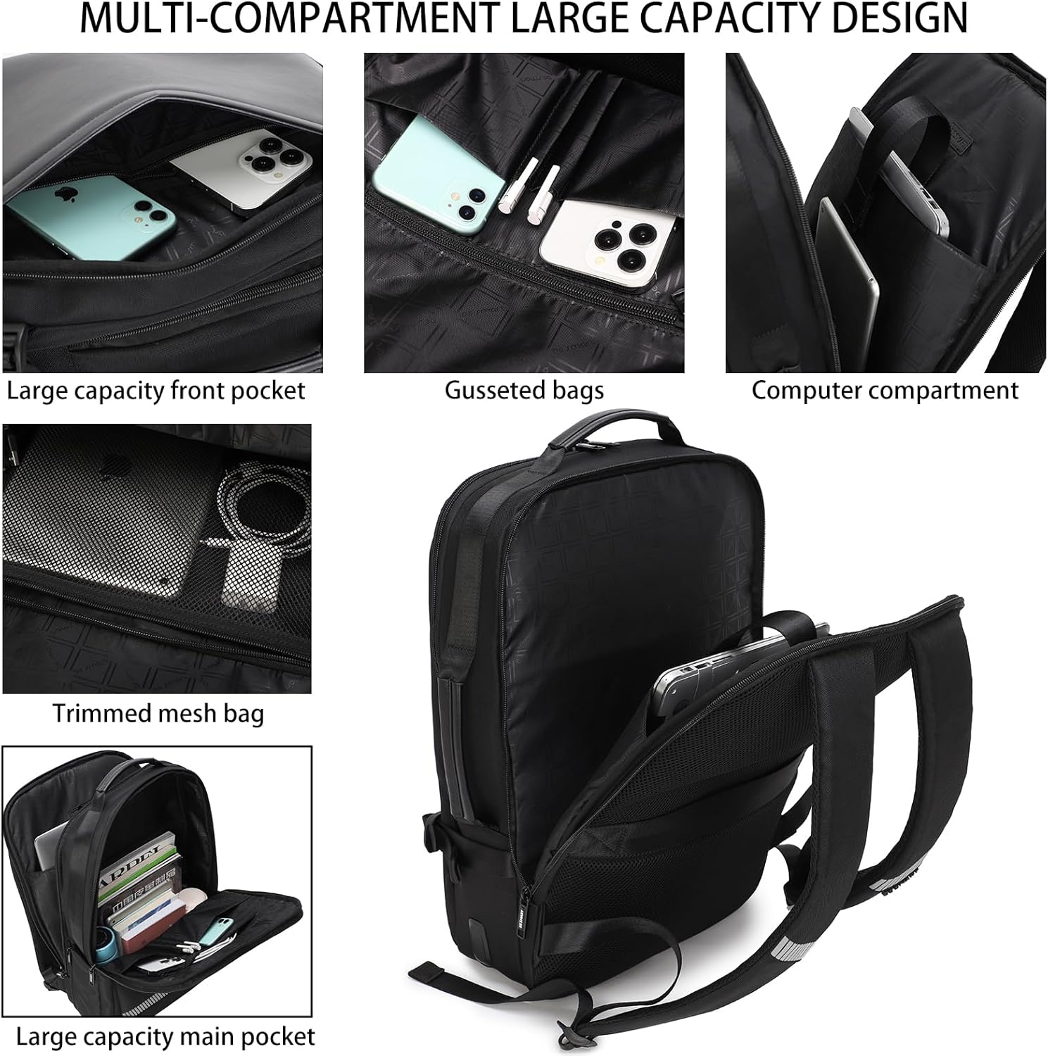 BESMART Waterproof Laptop Backpacks with USB Charging Port & Trolley Sleeve, Shockproof 15.6 Inch