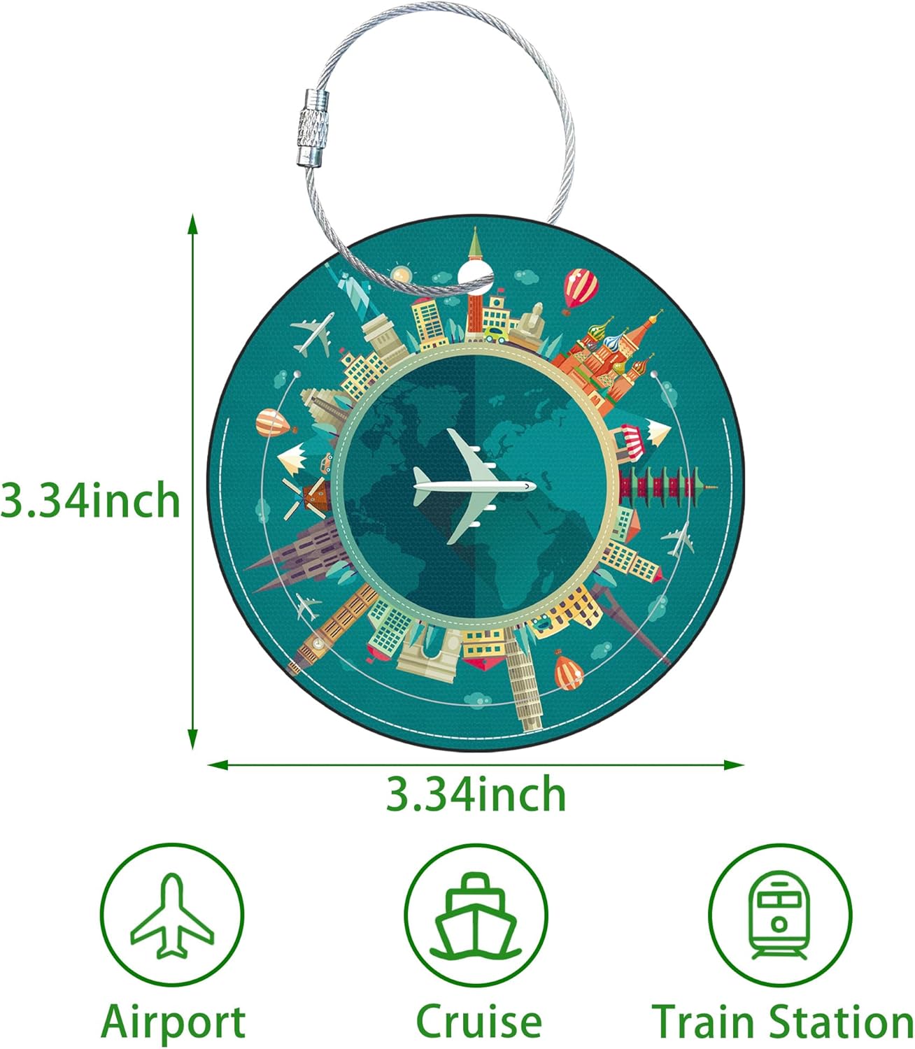 Round Cute Luggage Tags 2 Pack Travel Around The World Creative Baggage Tags,Cruise Travel Baggage Suitcases Tag with Stainless Steel Loop ID Tag Privacy Flap