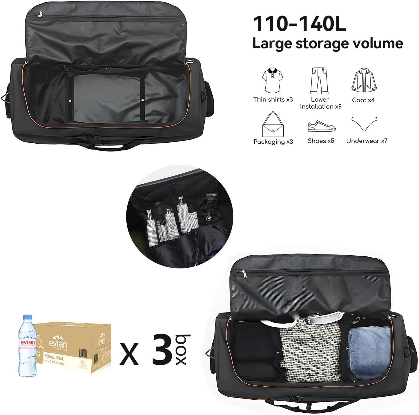 32” 1680D Oxford Foldable Duffle Bag with 2 Wheels,110L to 140L Expandable Soft Sided Rolling Travel Bag,Black-orange