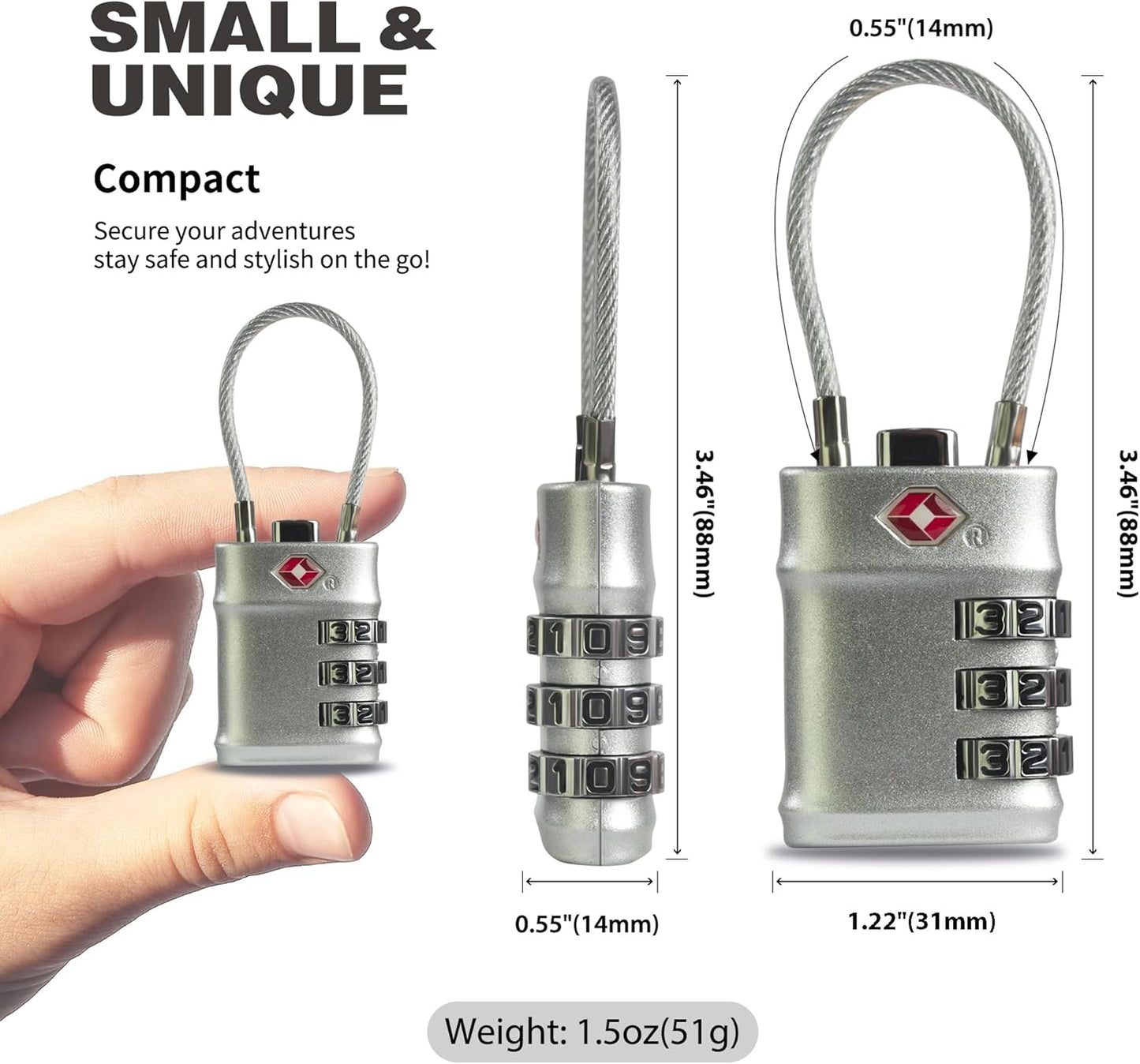 Luggage Locks TSA Approved, Small Padlock Combination with Cable, TSA Locks for Luggage, Combo Padlock with Code, for Travel Suitcase, Gym Locker, Gun Case, Backpack Zipper (Black+Silver)