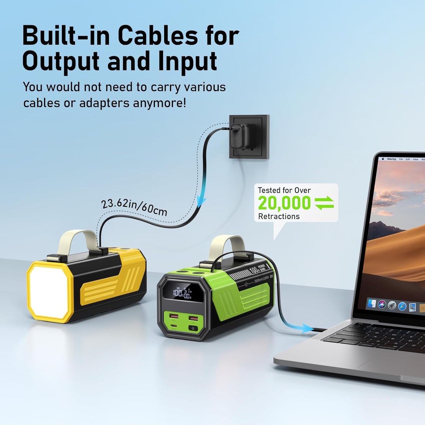 Laptop Power Bank,70,000mAh Portable Charger with 100W USB-C Ports, Built-in and Retractable Cables,100W Input, Fast Charging for MacBook Pro/Air/iPhone 16/iPad Pro/Galaxy S25 Ultra and More
