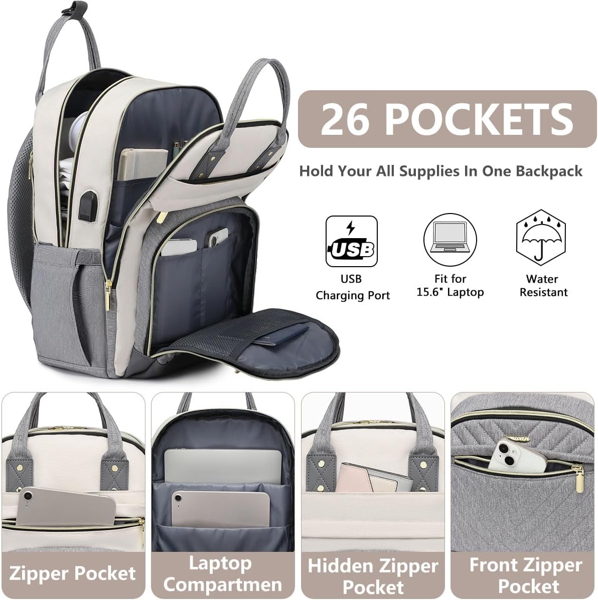 Laptop Backpack Women Work Bag - Travel Backpack Purse with USB Charger 15.6 Inch Nurse Bag College